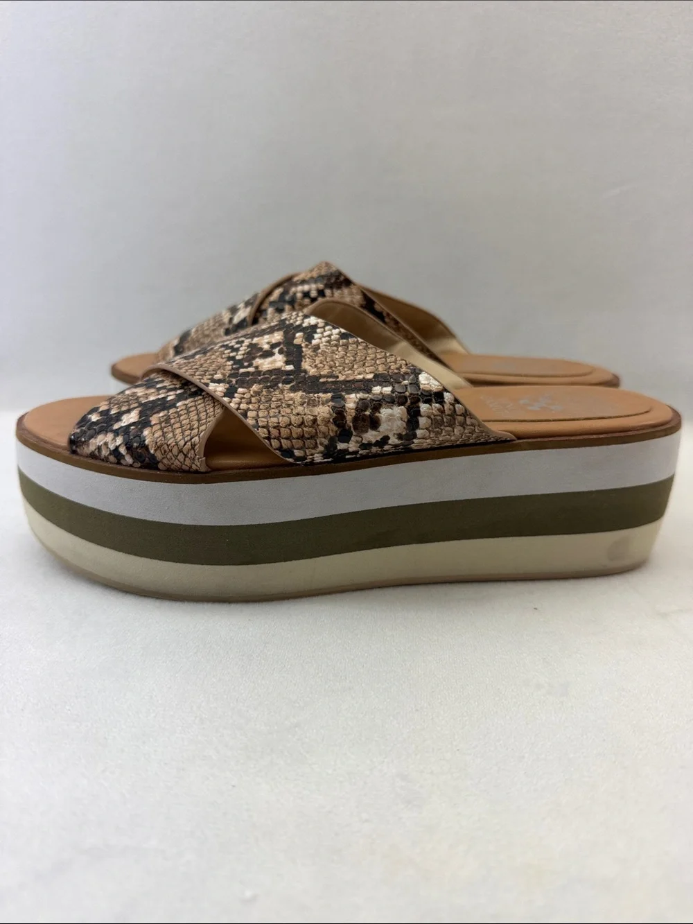 Vince Camuto Snake Print Platform Slide Sandals in Cream Brown Tan